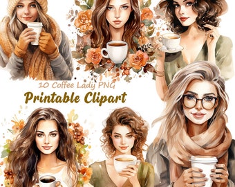Clipart Coffee Girl, aquarelstijl png-afbeeldingen (digitale download)
