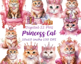 Watercolor Royal Cat Clipart, Princess Kitten PNG (Digital Download)