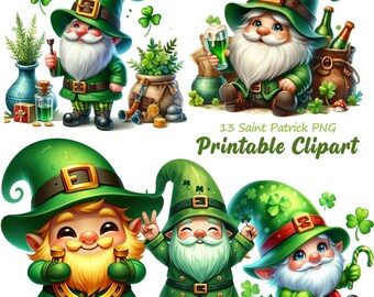 Saint Patrick Gnomes Clipart, Lucky Shamrocks, Commercial Use (PNG)