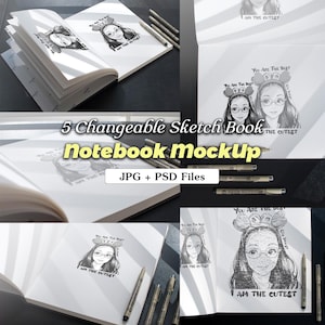 Könnte beinhalten: Fünf verschiedene Mockups eines weißen Skizzenbuchs mit einer Schwarzweißillustration einer Person mit einem Stirnband und dem Text "You Are The Best" und "I Am The Cutest". Das Skizzenbuch ist geöffnet und liegt flach auf einer schwarzen Oberfläche. Die Mockups sind in einem Raster angeordnet.