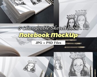 Bundle 5 Notebook Journal Mockup, Sketch Journal Mockup Canva Drag and Drop| Hard Backed Journal | Smart Object PSD and JPG Digital, M4