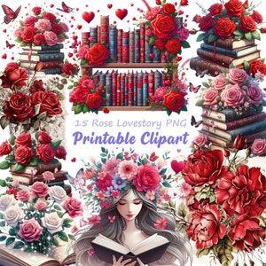 Rose Flowers Book PNG, Walentynki Clipart, Historia miłosna Cyfrowe Clipart, Róża Romantyczny Motyl Do Wydruku Przezroczysty Clipart, A116