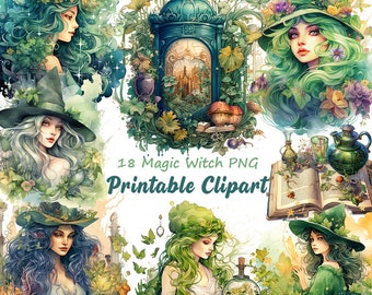 Magic Witch Watercolor Clipart Bundle, Green PNG (Digital Download)
