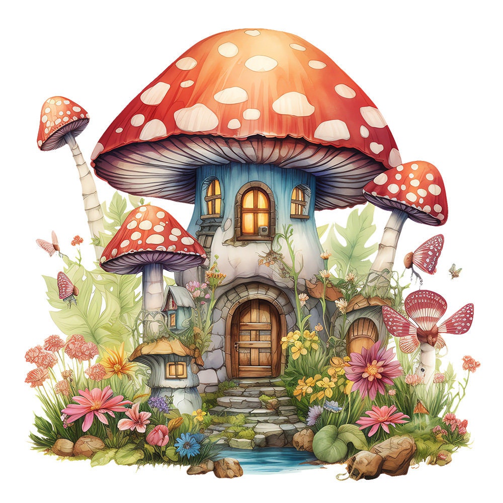 Retro Watercolor Mushroom House Elements, Fairy Tale House, Cute Forest ...