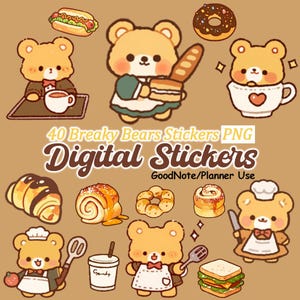 May include: A collection of digital stickers featuring cartoon bears in various culinary settings. The image includes bears with baked goods, coffee, and sandwiches. Text reads "40 Breaky Bears Stickers PNG" and "Digital Stickers GoodNote/Planner Use."