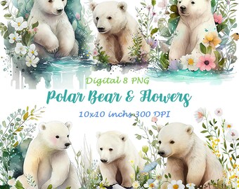 Imágenes prediseñadas de osos polares en acuarela, archivos PNG, uso comercial (descarga digital)