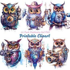 May include: Twelve digital illustrations of steampunk owls with intricate gears and machinery details. The owls are in various poses and have different coloured feathers and eyes. The illustrations are in a watercolour style and have a whimsical and imaginative feel.