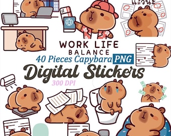 Kawaii Capybara Digital Sticker Pack, Planner Stickers (PNG)