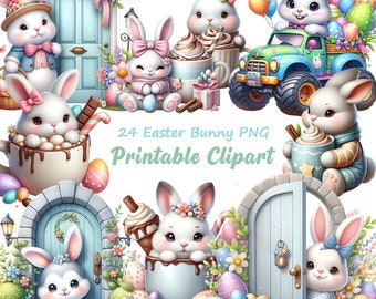 Retro Easter Bunny Clipart PNG: Springtime Rabbit & Eggs (Digital Download)