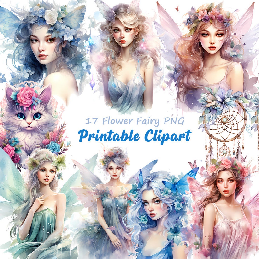 Watercolor Fairy Clipart Bundle, Elegant Princess PNG Graphics (digital ...