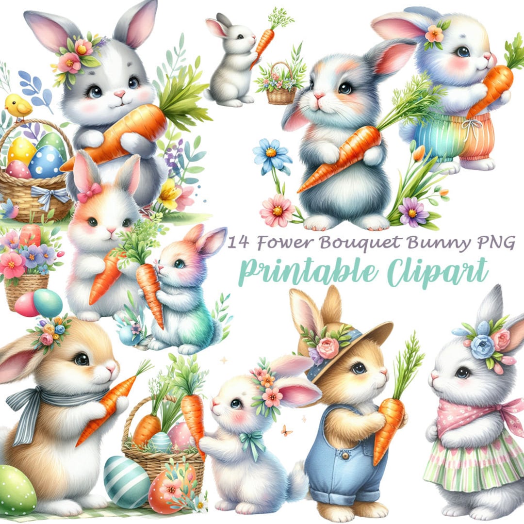 Easter Baby Bunnies PNG, Cute Bunny With Flowers Clipart, Easter Eggs ...