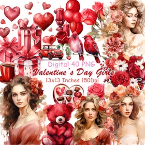 Pacchetto romantico San Valentino, regali di San Valentino, effetto acquerello, regali stampabili di cuore e fiori di splendida bellezza retrò, A92