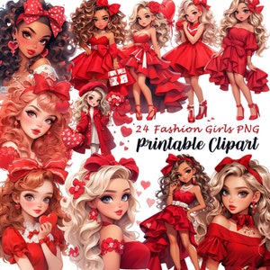 Romantico San Valentino Bundle Art, Pretty Red Fashion Girls Digital Clipart, Retro Gorgeous Beauty Printable Heart & Lover Gifts, A99