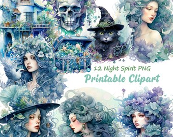 May include: A set of 12 digital illustrations featuring night spirits. The images include a skull, a witch's hat, a treasure chest, a cat, and several women with blue hair and flowers. The images are in a watercolor style and are perfect for use in digital scrapbooking, card making, and other creative projects. 12 Night Spirit PNG Printable Clipart