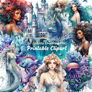 May include: A digital illustration of 20 mermaid-themed images, including mermaids, seashells, coral, and a castle. The text "20 Goddess Undersea PNG Printable Clipart" is at the bottom of the image.