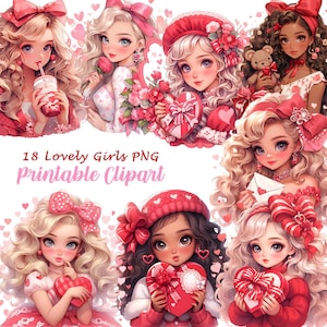 Romantische Valentinstag Bundle Kunst, hübsche rote schöne Mädchen digitale Clipart, Retro wunderschöne Schönheit druckbare Herz & Liebhaber Geschenke, A100