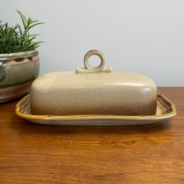 Vintage Mikasa Whole Wheat Butter Dish Plate E8000 Stoneware Japan 1980s Brown and Beige