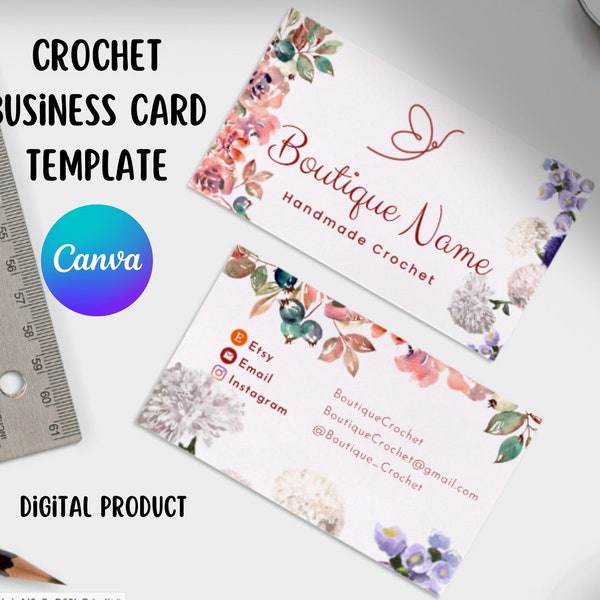 Editable CROCHETING Business Card Template, DIY Floral Business Card, Handmade Crochet Business Card, Editable Small Business Card Template