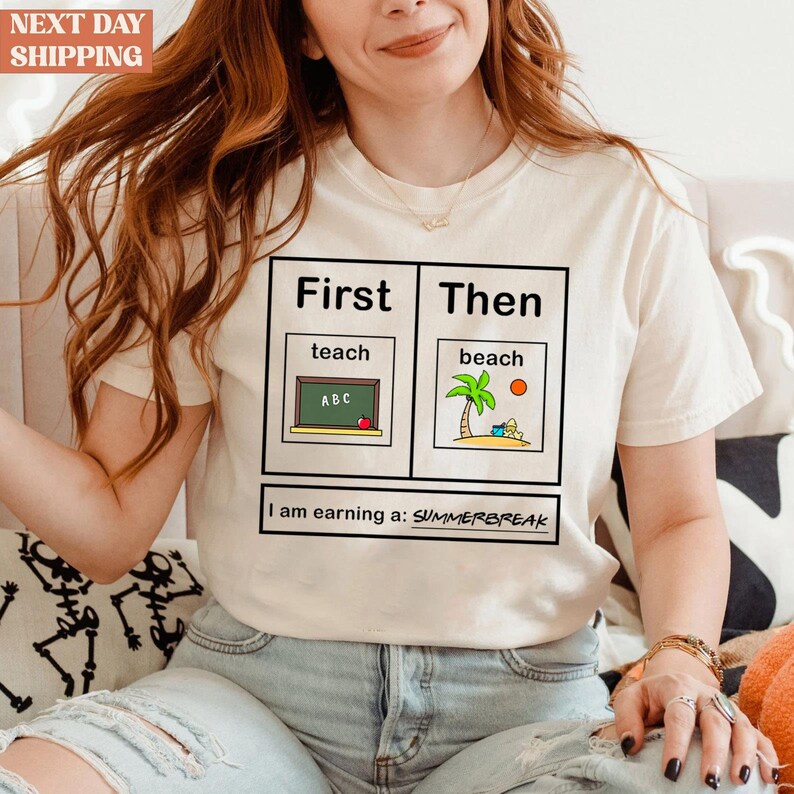 a woman wearing a t - shirt that says first then teach