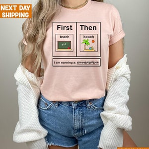 a woman wearing a pink shirt that says first then