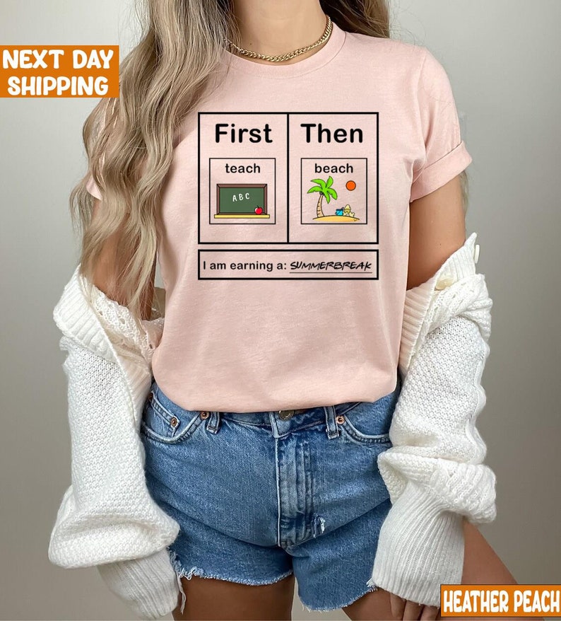 a woman wearing a pink shirt that says first then