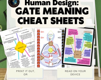 May include: A colorful Human Design cheat sheet with the title "Human Design: Gate Meaning Cheat Sheets". The cheat sheet is divided into sections with different colored backgrounds and text. The sections include "Design", "Personality", "Root Center", and "Body Center". Each section has a list of numbers and corresponding text descriptions. The cheat sheet also includes a diagram of the human body with different colored circles and lines.