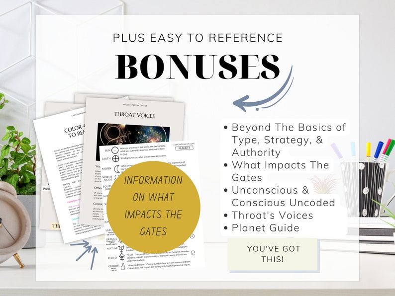 May include: A set of printable Human Design charts with information on throat voices, color keys, and what impacts the gates. The text "PLUS EASY TO REFERENCE BONUSES" is at the top of the image. The text "INFORMATION ON WHAT IMPACTS THE GATES" is in a yellow circle. The text "YOU'VE GOT THIS!" is in a white rectangle.