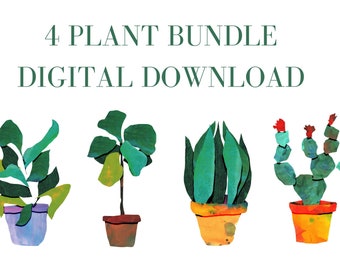 4 Piece Plant Bundle - Cut out Collage - Handpainted Art - Colorful Digital Art - Cactus - Plant - Fiddle Fig