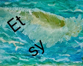 May include: Abstract painting of turquoise, blue, and green water with white brushstrokes. The words "Etsy" are written in black across the image.