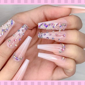 Artquee French/Diamonds & Charms/Glossy Coffin Ballerina Nails Almond Press On Nails,Fake Nails, Prom/Event/Birthday Nails, Goth/Gothic/Y2K/