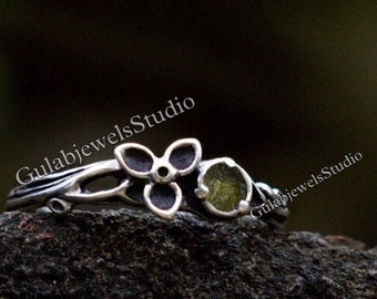 Raw Moldavite Ring, Sterling Silver Flower Band, Handmade