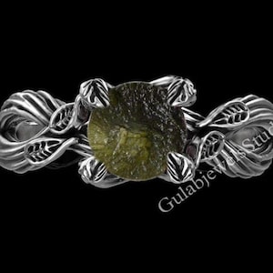Natural Raw Moldavite Ring in Sterling Silver, Unique Moldavite, meteorite ring, Authentic Moldavite,Tree Branch Ring, Delicate braided twig