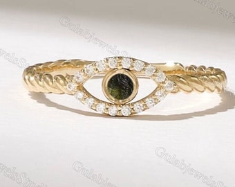 Raw Moldavite Evil Eye Ring | Sterling Silver Protection Jewelry