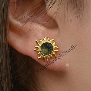 Natural Raw Moldavite Stud Earring in 925 Sterling Sterling,Natural Moldavite Sun Shape Earrings,Genuine Moldavite Christmas Gift Earrings