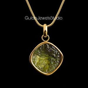 Natural Raw Moldavite Pendant in Sterling Silver | Square Moldavite Pendant | Women&#39;s Moldavite Pendant | Genuine Moldavite Pendant