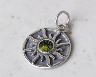 Sterling Silver Sun Moldavite Pendant, Raw Stone Necklace