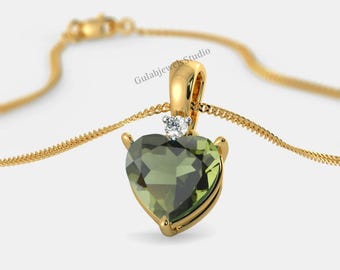 Pendentif coeur moldavite, argent sterling 925, pierre verte