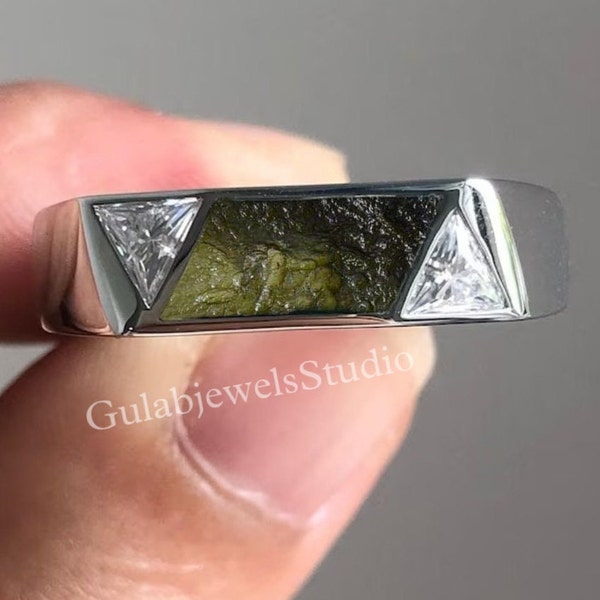 Natural Raw Moldavite Ring in Sterling Silver, Unique Moldavite Ring, meteorite ring, Authentic Moldavite,Man's Ring Ring, Christmas gift,