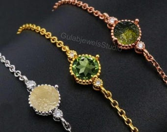 Roher Moldavit Edelstein-Armband, Sterling Silber oder Gold gefüllt