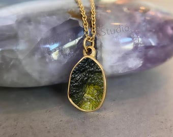 Raw Moldavite Pendant, Sterling Silver Necklace, Green Gemstone