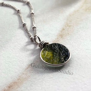 925 Sterling Silber Moldavit Anhänger, Ästhetische Halskette Cottagecore Schmuck, Boho Halskette für Frauen Natur Schmuck Geschenk für Sie