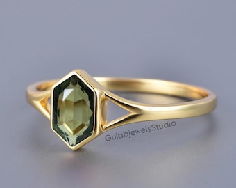 Handmade Hexagon Cut Moldavite Ring, Sterling Silver, Meteorite Jewelry