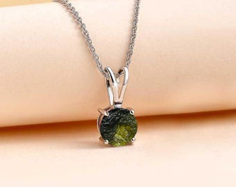 Raw Moldavite Pendant, Sterling Silver Necklace, Green Gemstone