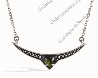 Natural Raw Moldavite Pendant in Sterling Silver | Crescent Moon Phase Necklace  | Women's Moldavite Necklace | Genuine Moldavite Necklace