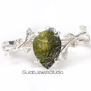 Natural  Raw Moldavite Silver Ring, Leaf Moldavite Ring, Unique Moldavite Ring, meteorite ring, Authentic Moldavite, Handmade Ring