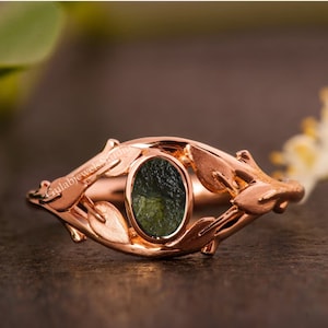 Natuurlijke ruwe moldaviet edelsteenring in sterlingzilver | Moldavietring bladvorm, statement ring ruwe moldaviet, echte ruwe moldaviet,
