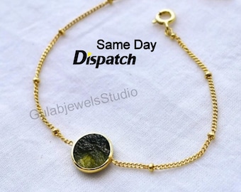 Rohe Moldavit Armband, echter Edelstein, Sterling Silber oder Gold gefüllt