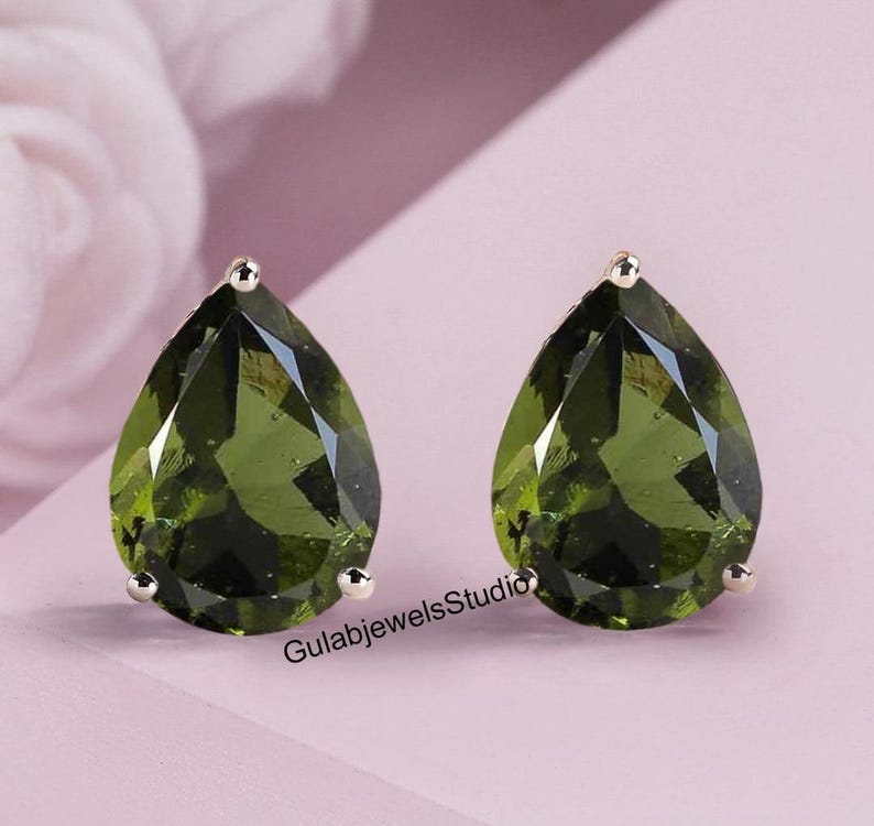 Natural Cut Moldavite Stud Earring in 925 Sterling Silver, Pear Moldavite Earring, Genuine Certified Moldavite, Boho Earring, Gift For Her