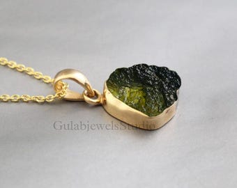 Raw Moldavite Necklace Gold Pendant, Natural Moldavite Crystal Jewelry, Healing Stone Necklace, Boho Green Gemstone Gift, Raw Gem Pendant