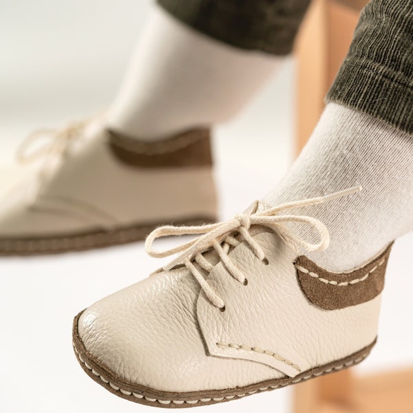 Baby Shoes cream color Leather Non-Slip Sole, Baby Boy Shoes Baby Moccasins, Baby Shoes White, Boy Leather Baby Shoes with Lacing